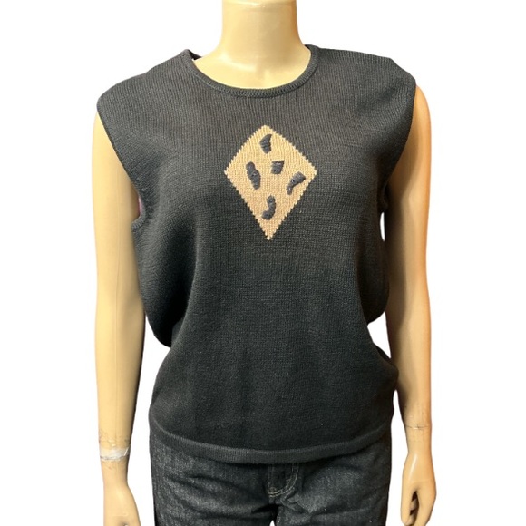 Vintage Terazzo Sweater Vest black Crew neck brown Tan animal print motif Size M - Picture 15 of 15